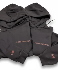Custom Embroidered Couple Hoodie – Roman Numeral Date, Initials & Heart