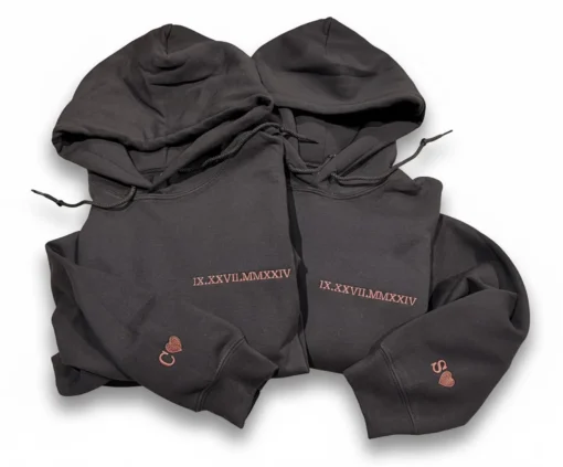 Custom Embroidered Couple Hoodie – Roman Numeral Date, Initials & Heart