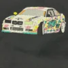 Detailed front three-quarter view of a stitched white drift car with pink, yellow and teal graffiti on black