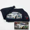 Black hoodie with a white graffiti-livery sports car embroidered from a photo and Be Safe with a red heart on the sleeve