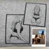 Grey sweatshirt with two framed black line drawings of a woman in a bikini, made from the printed photos beside it