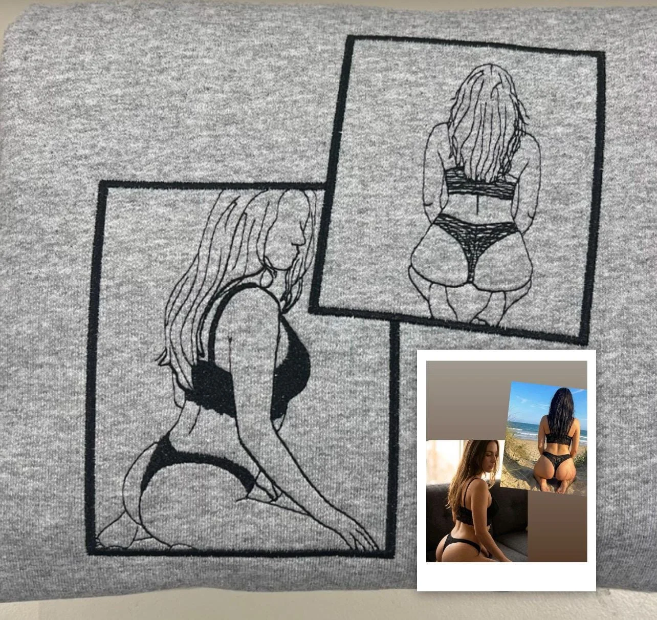 Grey sweatshirt with two framed black line drawings of a woman in a bikini, made from the printed photos beside it