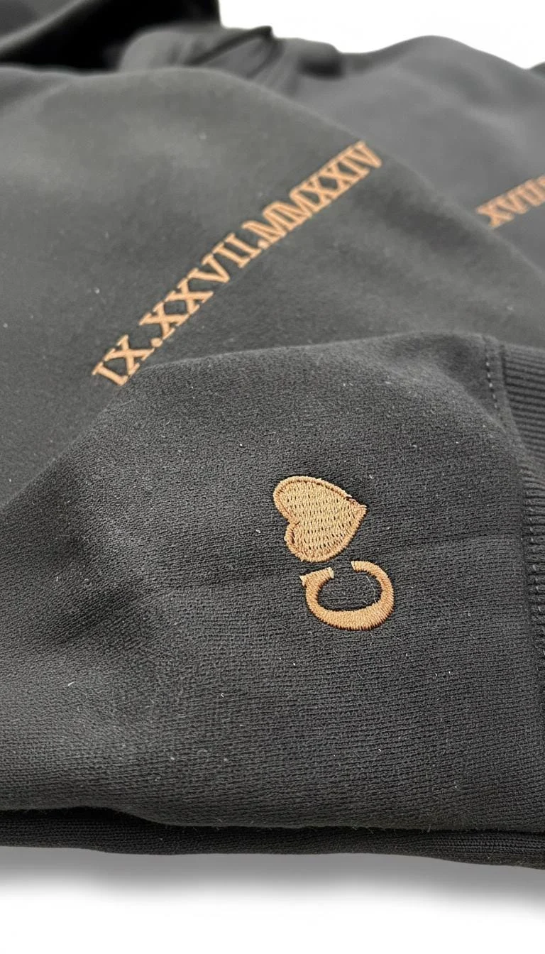 Close-up of copper Roman numerals IX.XXVII.MMXXIV on a dark hoodie, with a heart and the initial C on the cuff