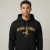 Man wearing bookish Wingleader embroidered hoodie in black unisex fit