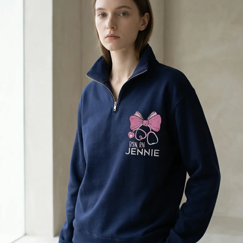 Woman wearing custom nurse bow embroidered quarter zip in navy with pink satin bow and white name