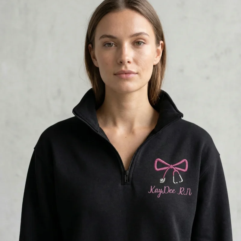 Woman wearing nurse bow stethoscope embroidered quarter zip in black with pink bow and custom name