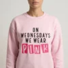 On Wednesdays We Wear Pink embroidered crewneck sweatshirt front view showing full embroidery design