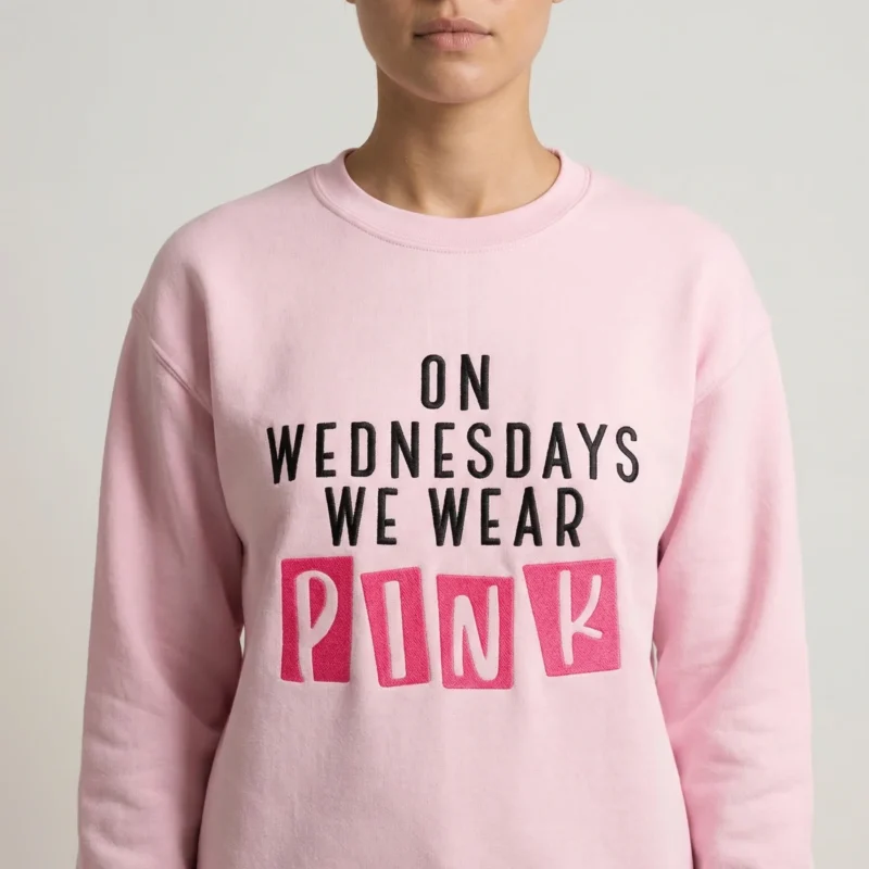 On Wednesdays We Wear Pink embroidered crewneck sweatshirt front view showing full embroidery design
