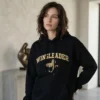 Wingleader dragon embroidered hoodie front view on model showing varsity-arc design