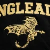 Close-up of gold embroidered Wingleader dragon design on black hoodie showing stitch detail