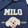 Navy crewneck showing a thread-painted cream curly dog face beneath the name MILO, with est and 2020 either side