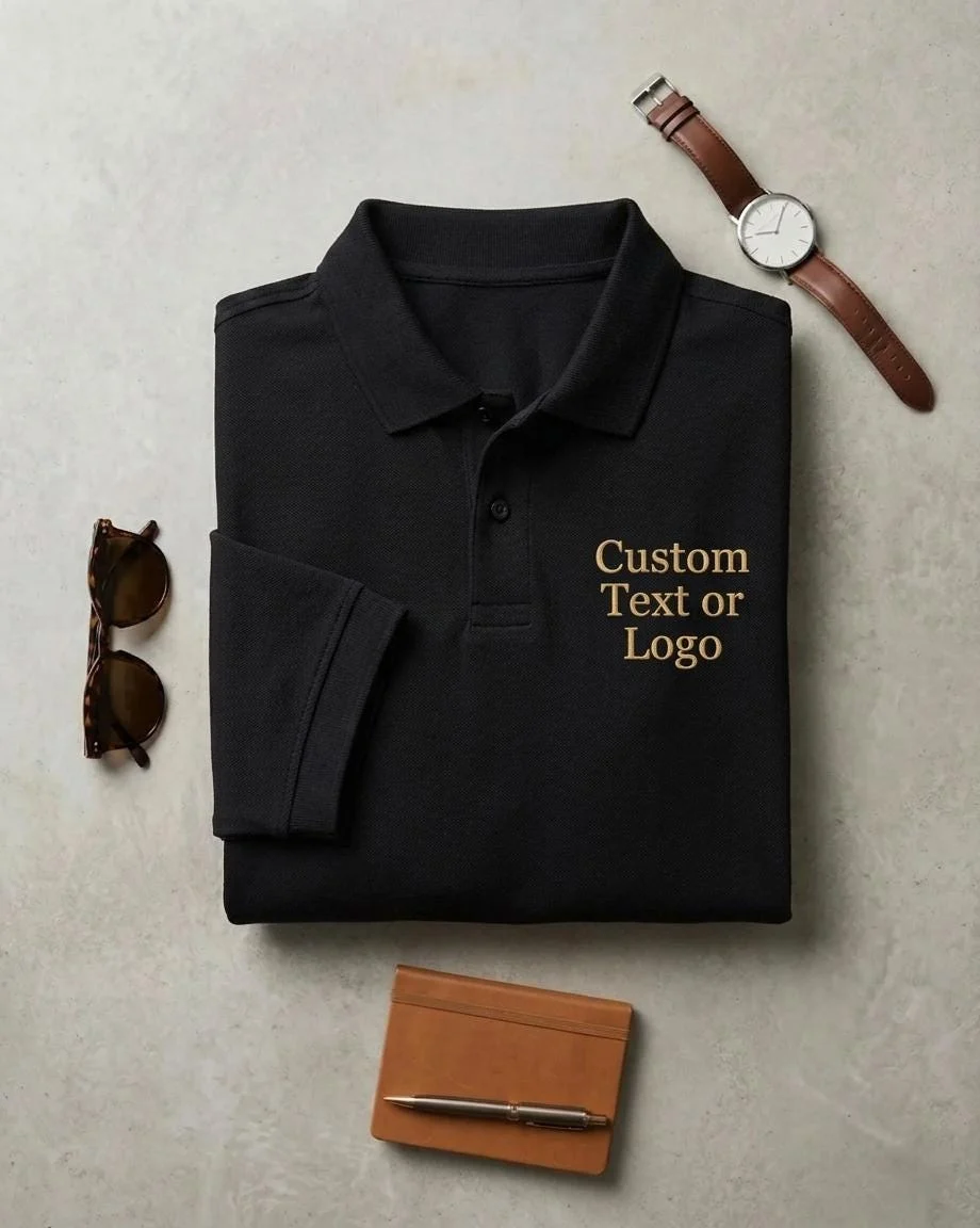 Black polo shirt flat-lay with Custom Text or Logo in gold serif on the left chest, watch and sunglasses beside