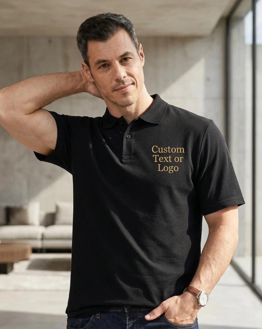 Man wearing a black pique polo with gold sample text Custom Text or Logo embroidered on the left chest