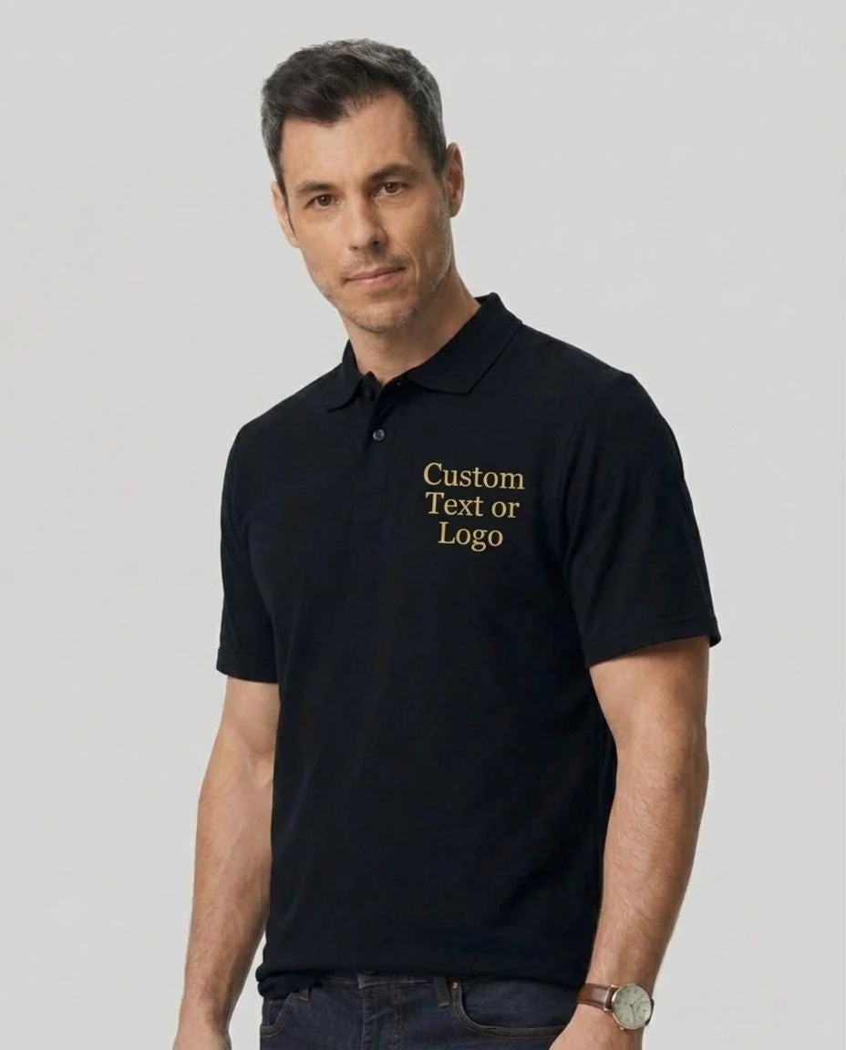 Man in a black polo shirt with a gold embroidered text placeholder on the chest, studio background