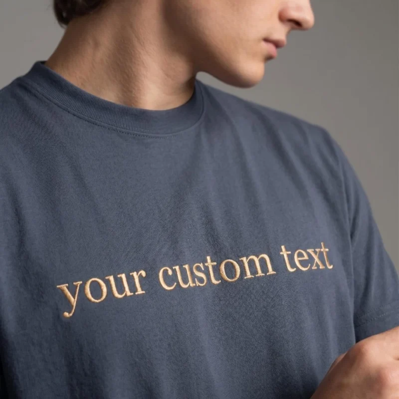 Man wearing a slate blue T-shirt with the sample words your custom text embroidered in tan thread across the chest