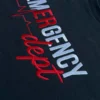 Black crewneck at an angle with the EMERGENCY dept embroidery, red heartbeat line and red script dept