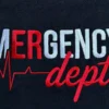 Close-up of EMERGENCY in white and red capitals over a red ECG line with dept in red script on black