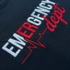 Black sweatshirt with EMERGENCY in white block letters, ER in red, a red heartbeat line and dept in red script