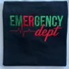 Folded black sweatshirt with EMERGENCY in green letters with a red ER, red heartbeat line and red dept script