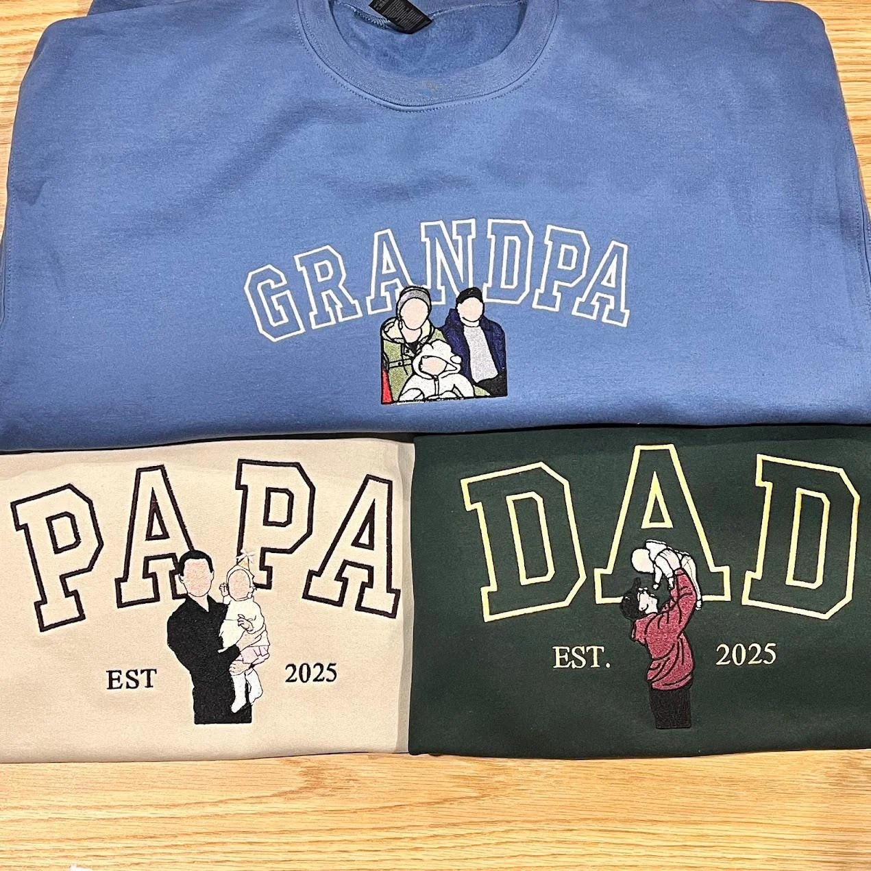 Blue GRANDPA, sand PAPA and green DAD sweatshirts with embroidered family portraits from photos and EST years