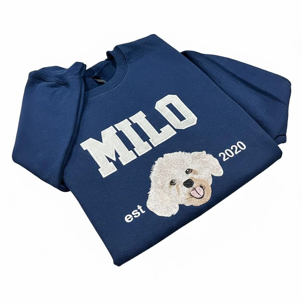 Navy sweatshirt with MILO in white varsity letters over an embroidered cream curly-haired dog, est 2020