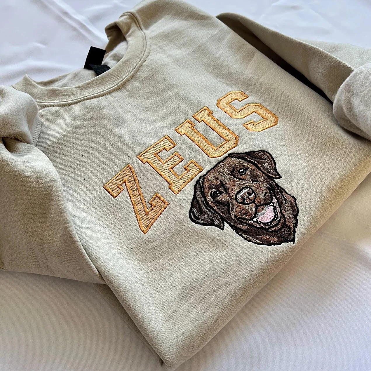Sand sweatshirt with ZEUS in caramel varsity letters and a thread-painted chocolate Labrador face beside it
