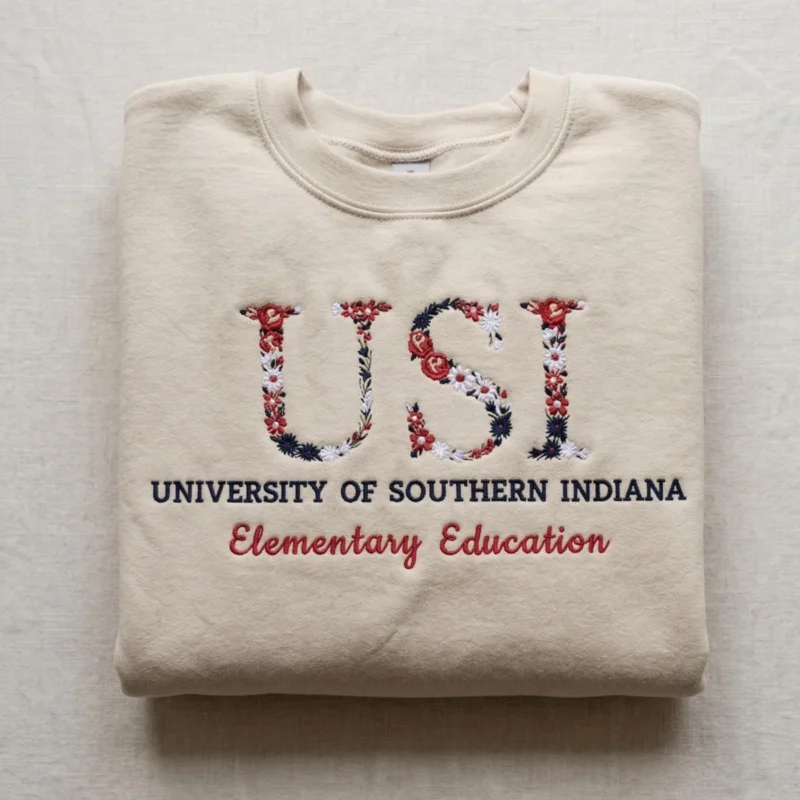 Sand crewneck with school initials in red and navy floral letters, the university name and a major in red script