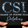 Black sweatshirt with school initials in blue and white floral letters, the college name and Dolphins in script