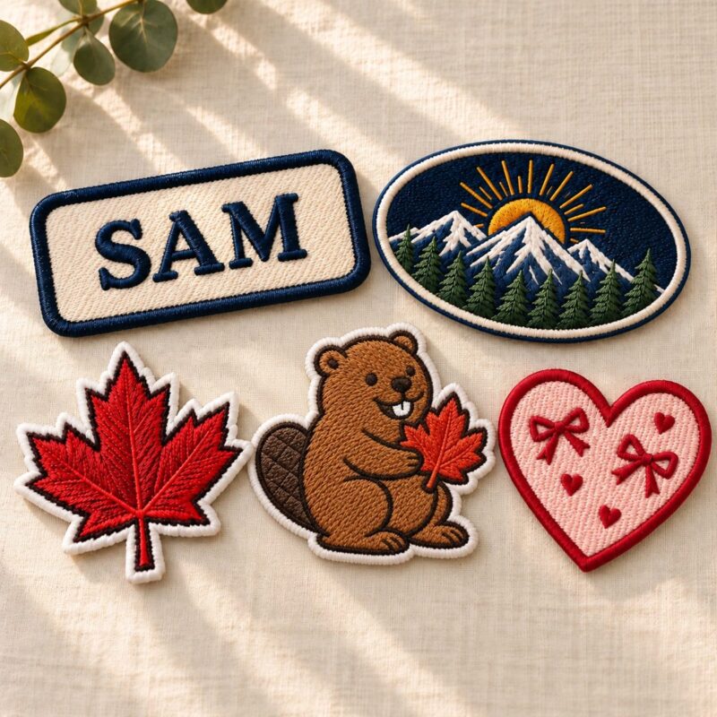 Custom embroidered patches with satin borders: a SAM name patch, a mountain oval, a maple leaf, a beaver holding a maple leaf and a pink heart