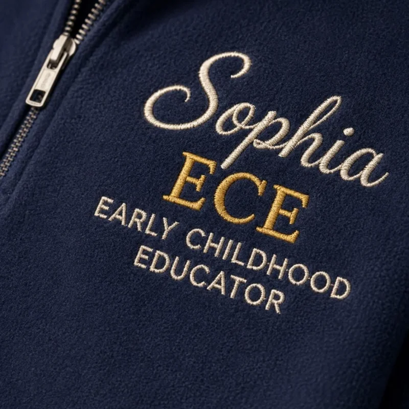 Close-up of a navy quarter-zip with Sophia in cream script, ECE in gold and EARLY CHILDHOOD EDUCATOR below
