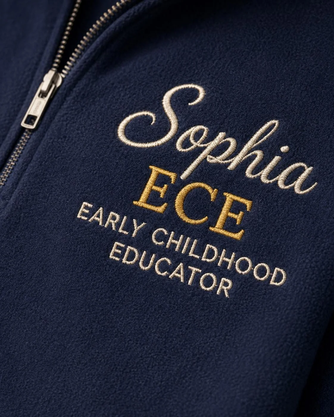 Close-up of a navy quarter-zip with Sophia in cream script, ECE in gold and EARLY CHILDHOOD EDUCATOR below