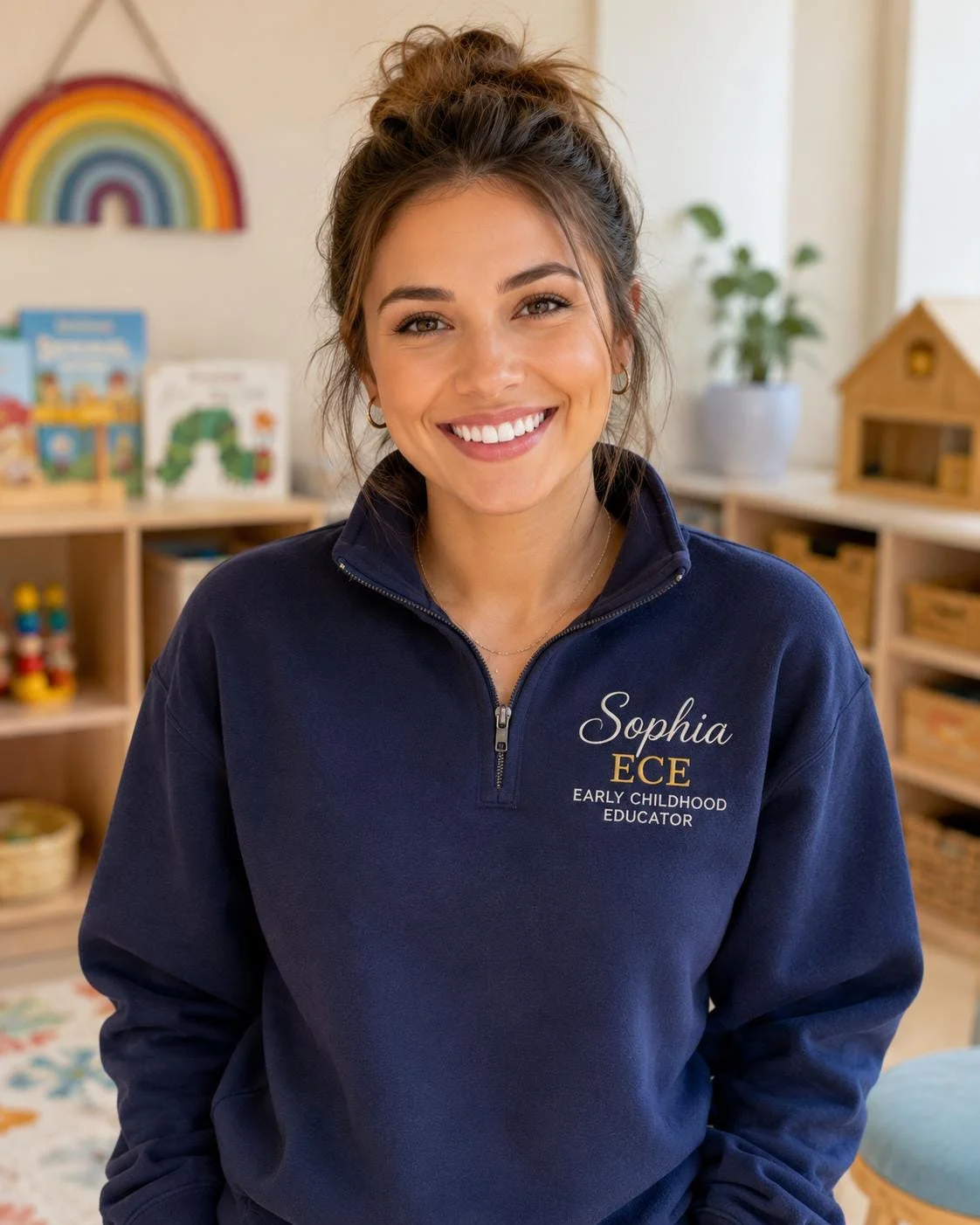 Smiling educator in a playroom wearing a navy quarter-zip with Sophia, ECE and Early Childhood Educator stitched