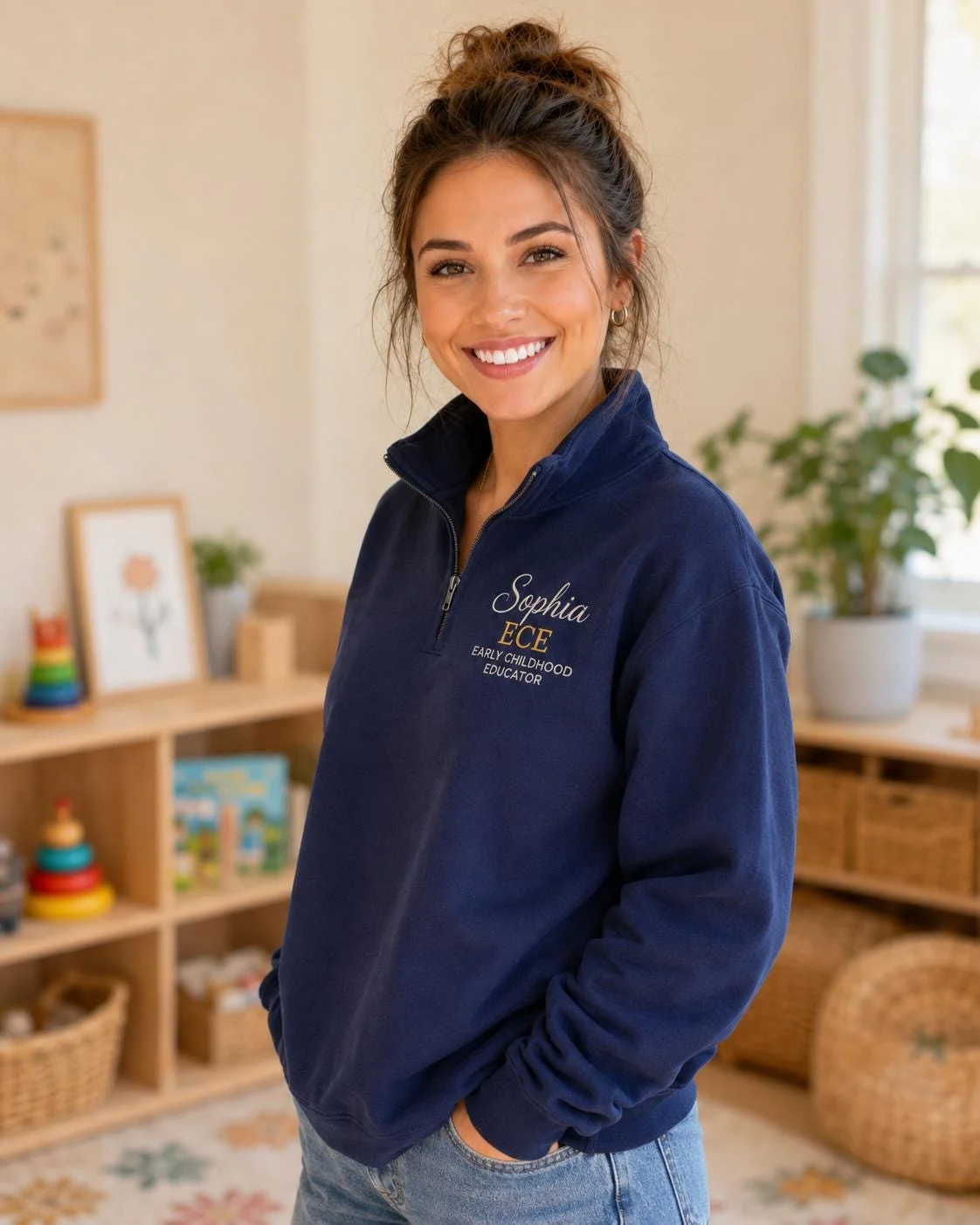 Educator standing in a classroom in a navy quarter-zip with a name and ECE credential on the left chest