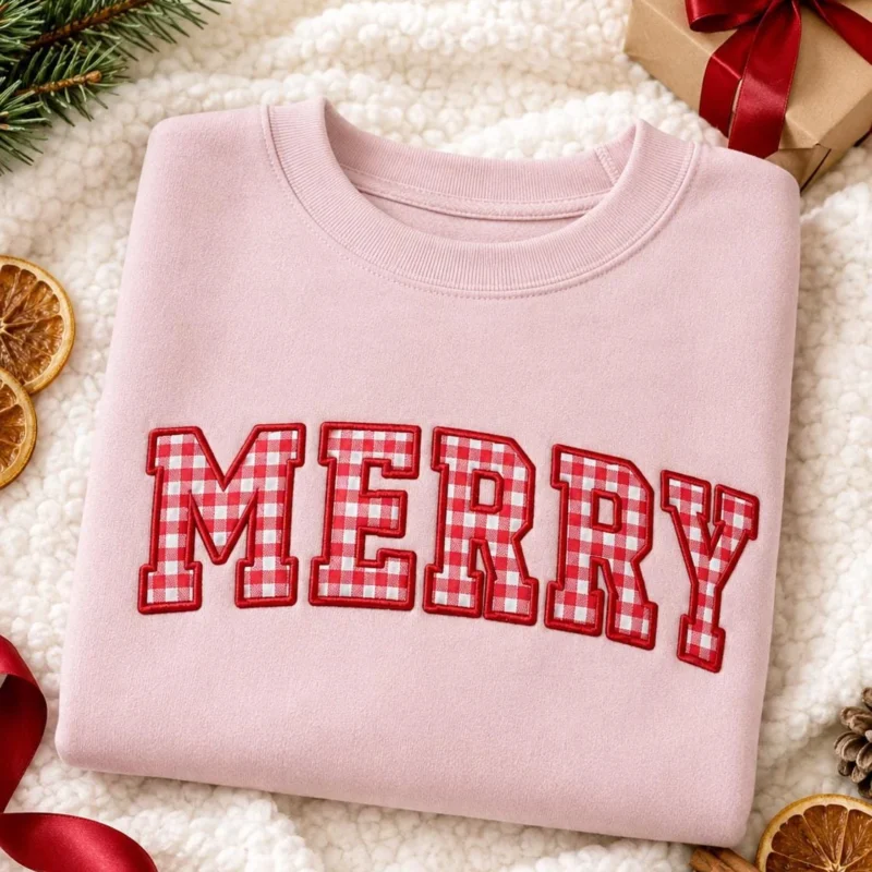 Blush pink crewneck with MERRY in red gingham applique letters with red satin edges, holiday flat-lay