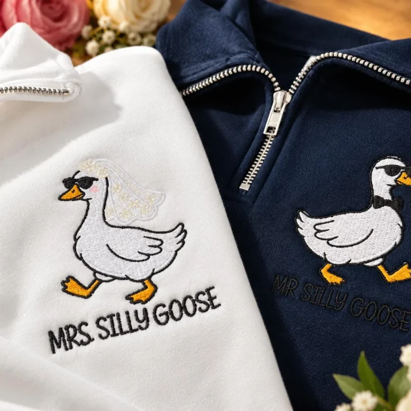 White and navy quarter-zips with a cartoon goose in sunglasses, one with a veil for MRS. SILLY GOOSE, one with a bow tie