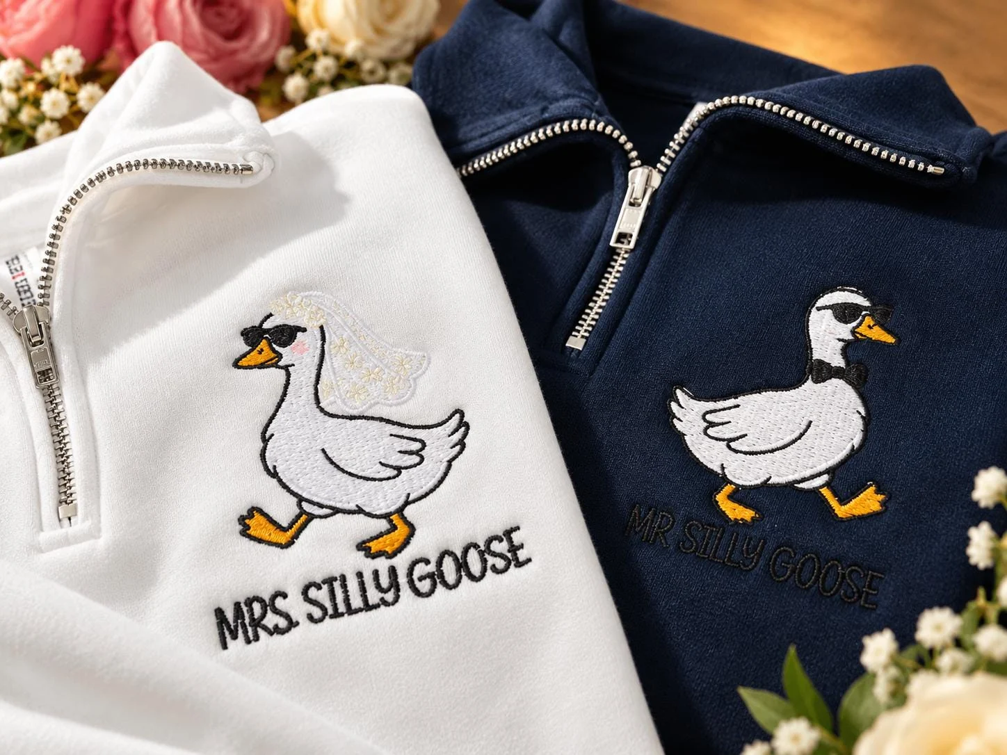 White and navy quarter-zips with a cartoon goose in sunglasses, one with a veil for MRS. SILLY GOOSE, one with a bow tie