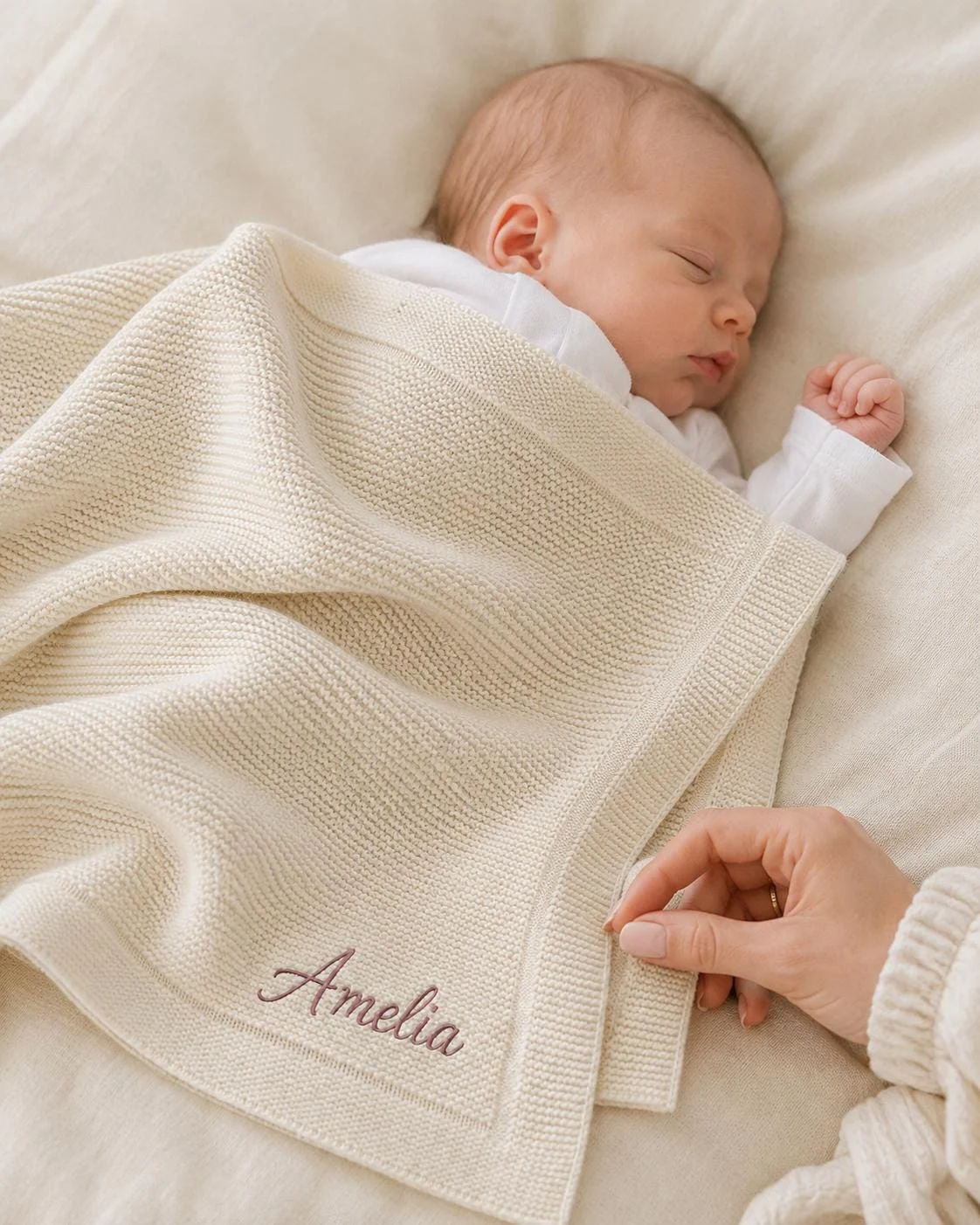 Sleeping newborn under an ivory knit blanket with Amelia stitched in mauve script at the lower corner