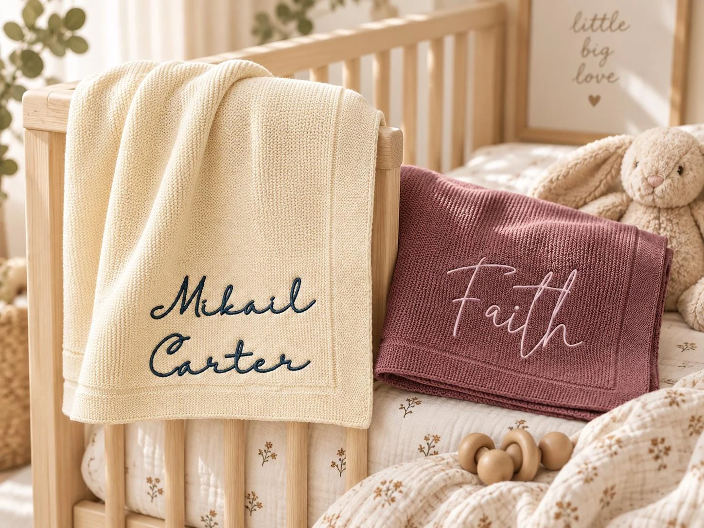 Ivory blanket with Mikail Carter and mauve blanket with Faith hanging over a wooden crib rail