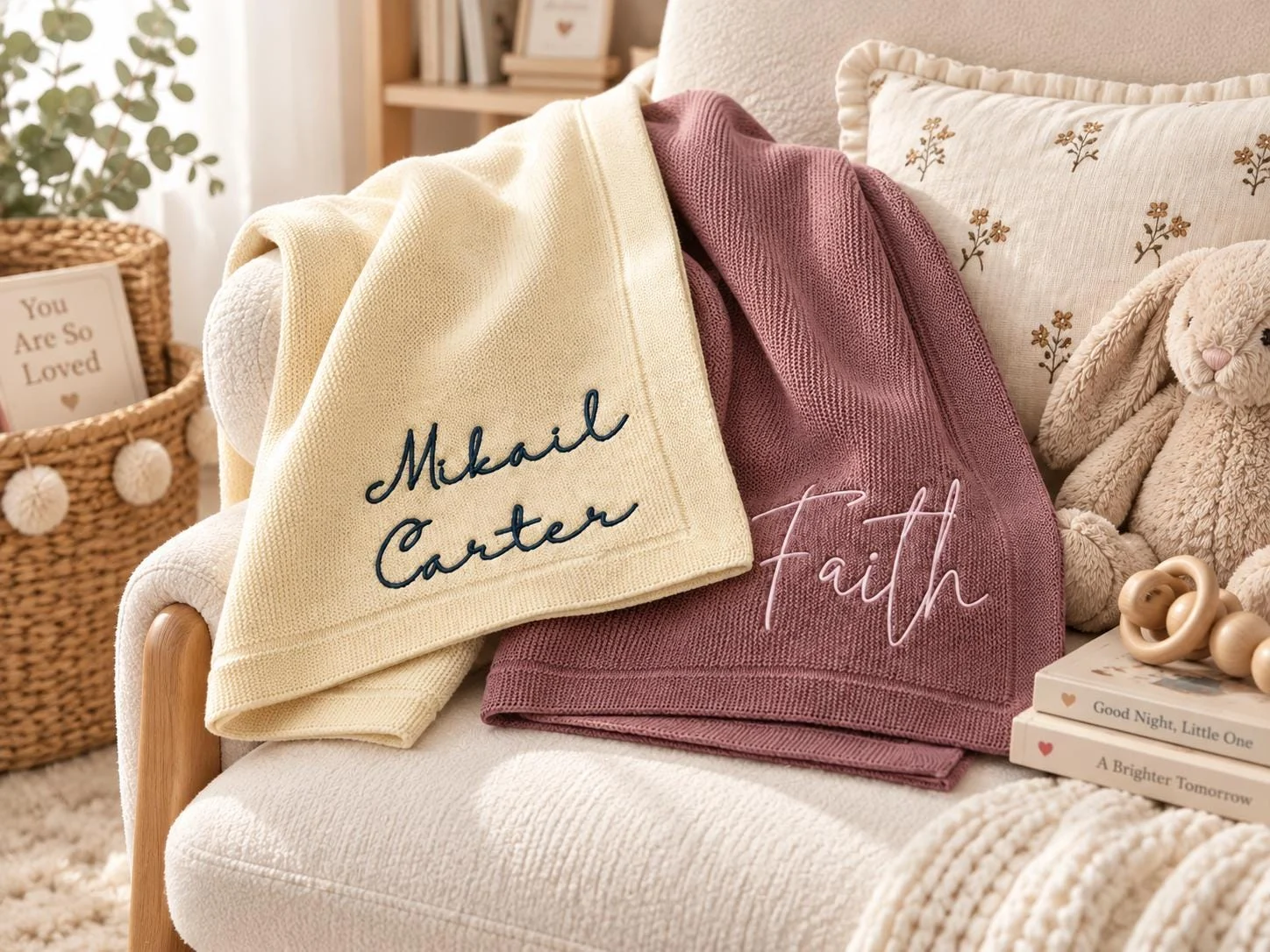 Ivory and mauve baby blankets with embroidered script names draped over a nursery armchair with a plush bunny