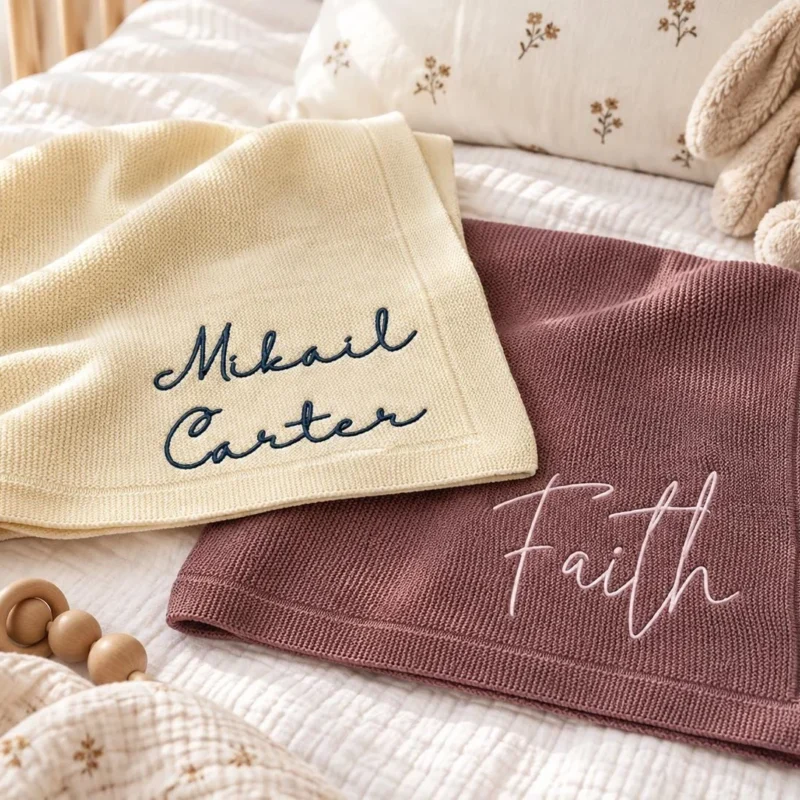 Ivory knit baby blanket with Mikail Carter in navy script and a mauve blanket with Faith in pink script, on a crib