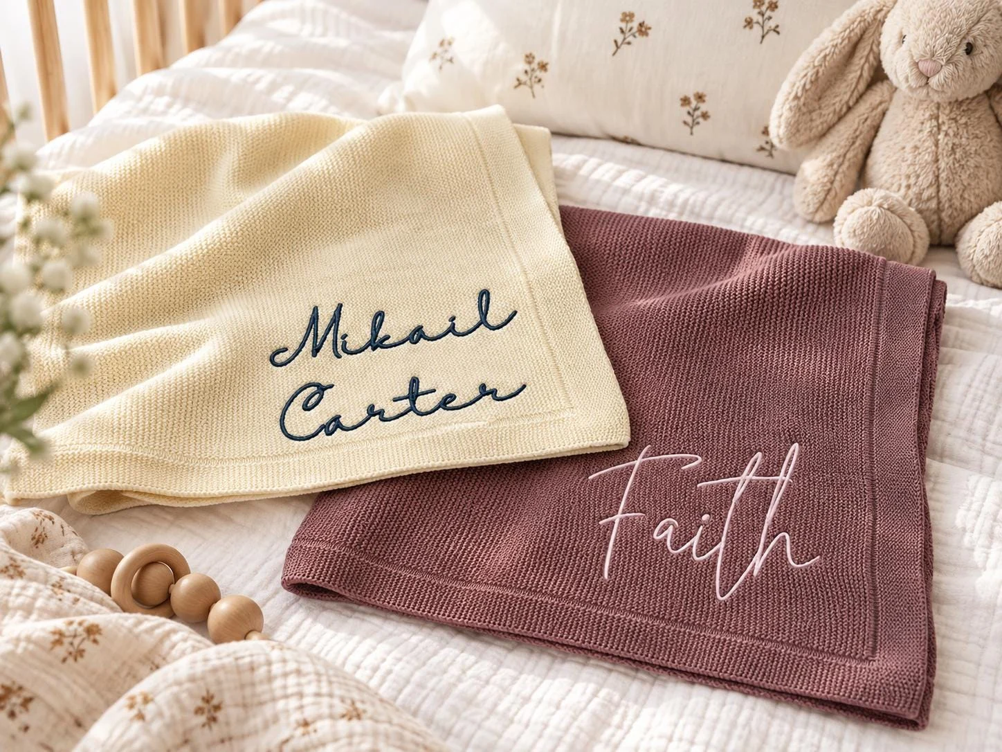 Ivory knit baby blanket with Mikail Carter in navy script and a mauve blanket with Faith in pink script, on a crib