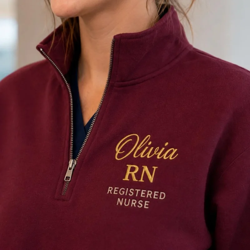 Close-up of a maroon quarter-zip with Olivia in gold script, RN in gold and REGISTERED NURSE in small capitals