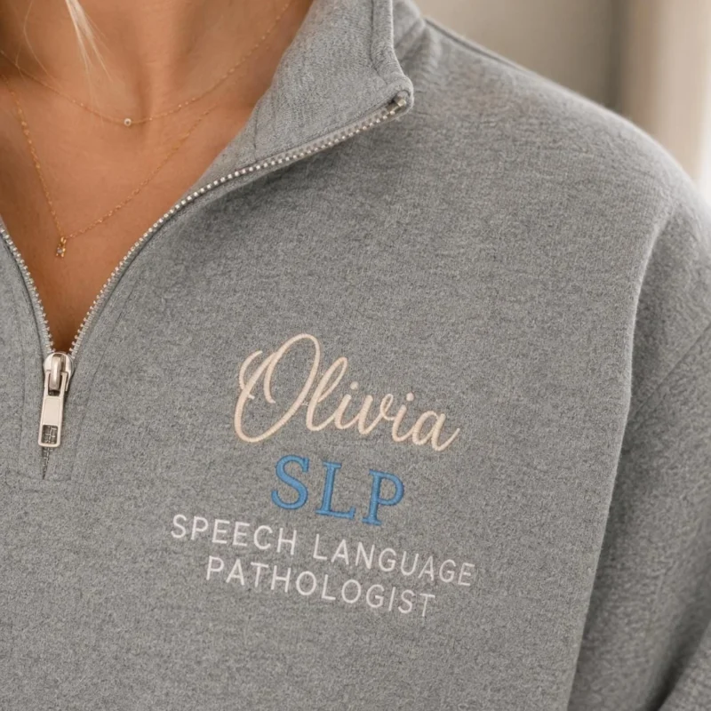 Close-up of a grey quarter-zip with Olivia in blush script, SLP in blue and SPEECH LANGUAGE PATHOLOGIST