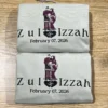 Two folded sand hoodies, each with a couple in maroon traditional wedding wear, two names and February 07, 2026